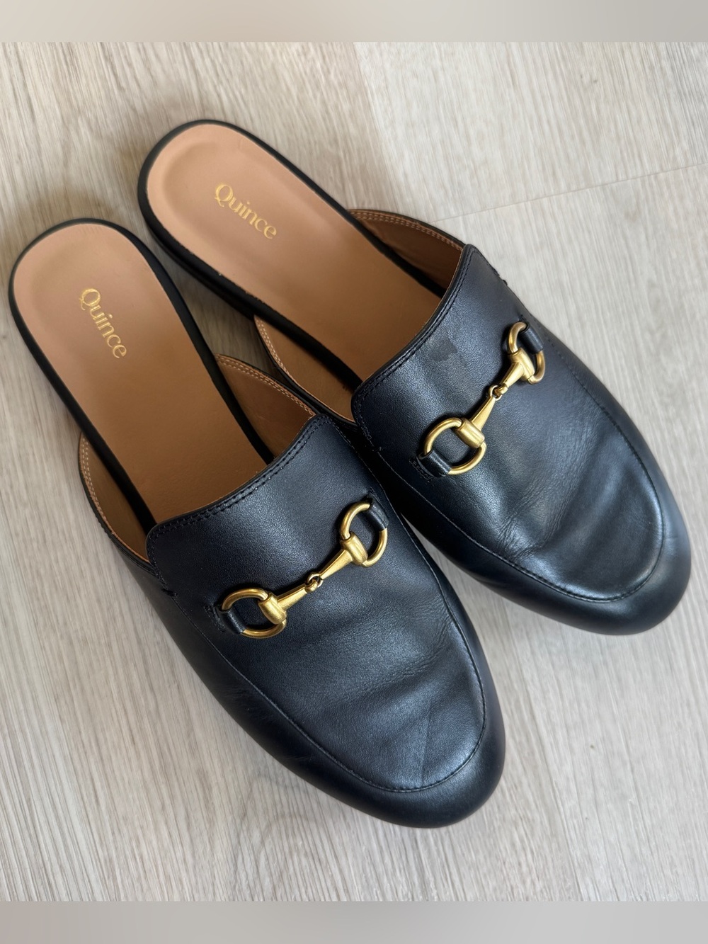 Quince Italian Leather Horsebit Loafer Mules Black Gold Women’s Size 9 Old Money